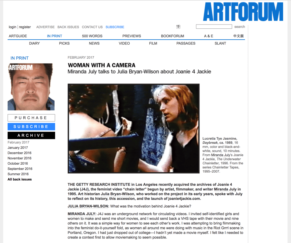 Screengrab of “Woman With A Camera,” Miranda July and Julia Bryan-Wilson, ARTFORUM, February 2017